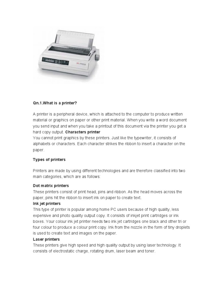 Qn.1.What Is A Printer? A Printer Is A Peripheral Device PDF Printer Computer