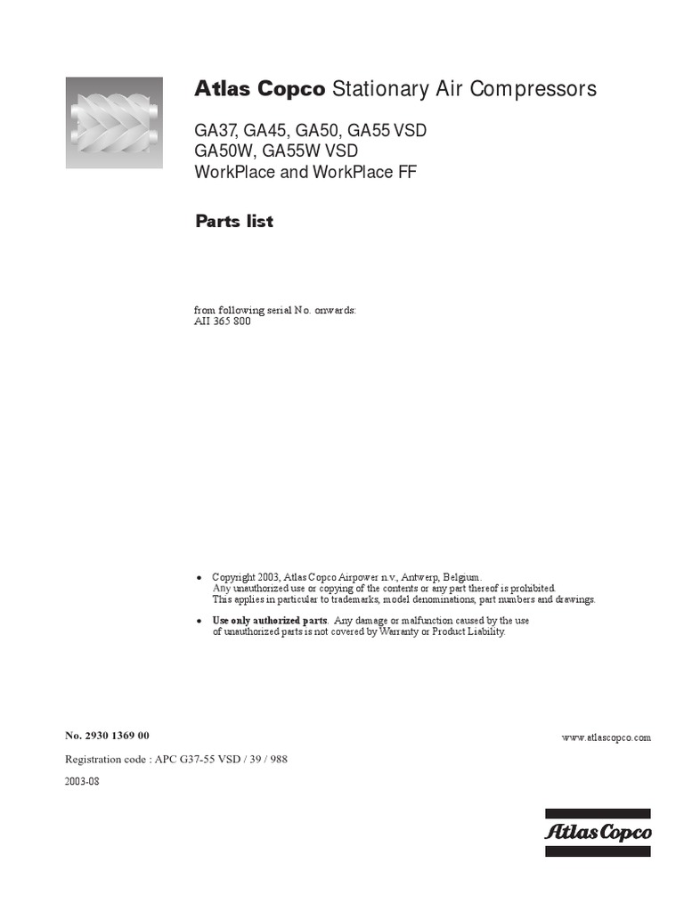 Ga 37 Atlas Copco Air Compressor Parts Manual