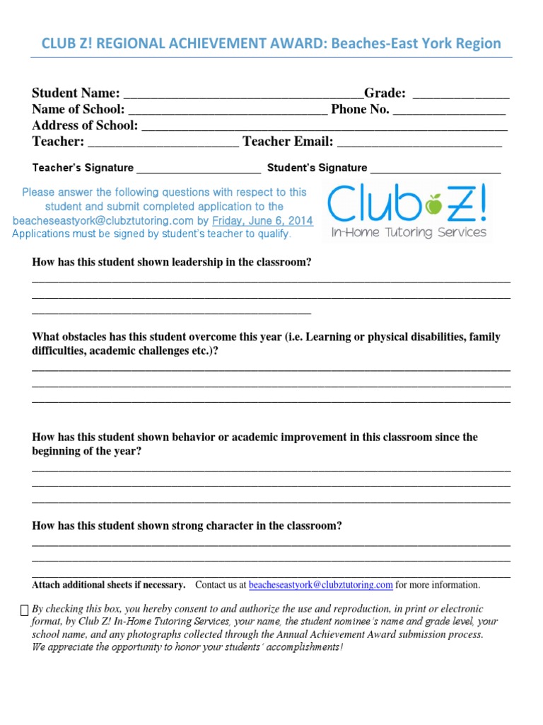 CLUB Z! REGIONAL ACHIEVEMENT AWARD: Beaches-East York Region | PDF