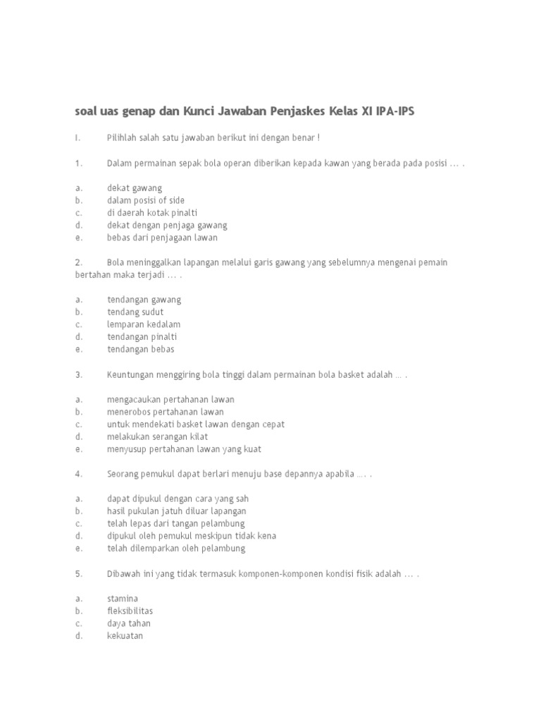 Soal Uas Genap Dan Kunci Jawaban Penjaskes Kelas Xi Ipa Doc