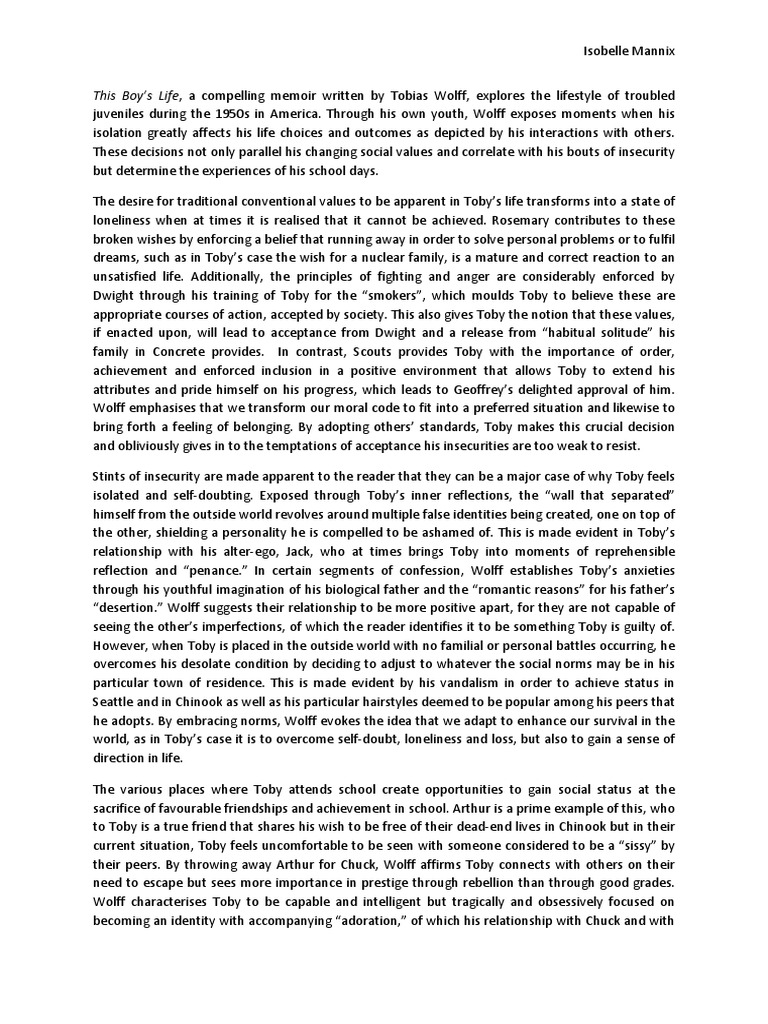 This Boy's Life Essay2 Draft PDF Psychological Concepts