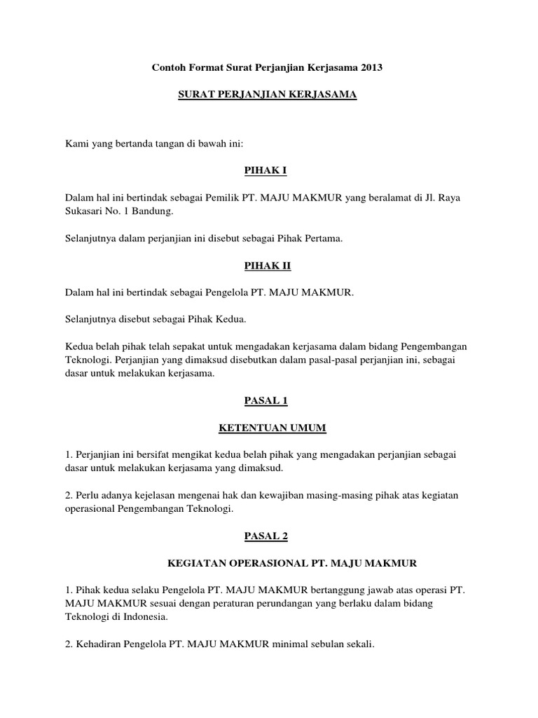 Contoh Format Surat Perjanjian Kerjasama 2013