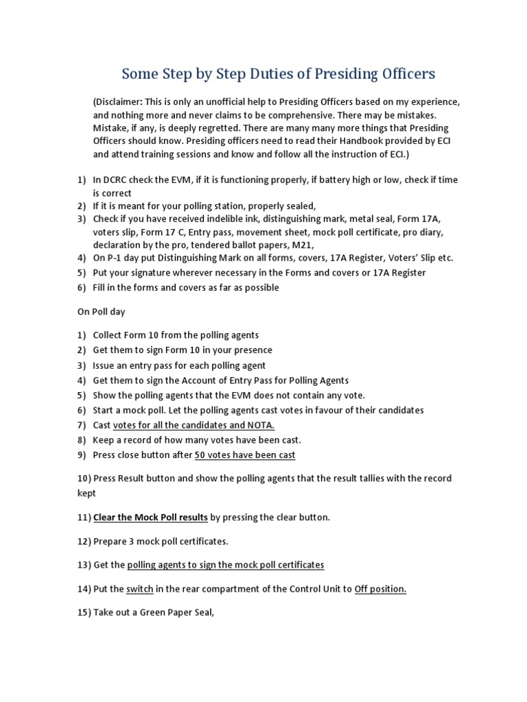 Step by Step Functions of Presiding Officers | Voting | Elections