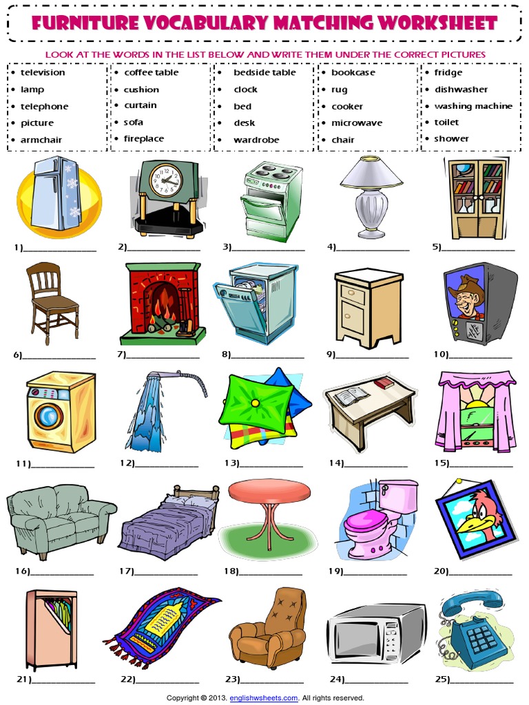 In My House Furniture Vocabulary Matching Exercise Worksheet Chair Components