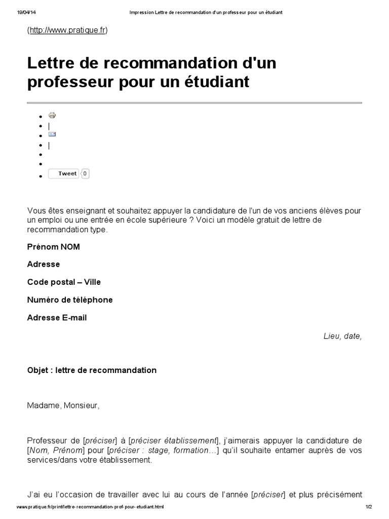 Exemple De Lettre De Recommandation Dun Prof Pour Un Etudiant Impression Lettre de Recommandation D'un Professeur Pour Un Étudiant | PDF  | Business | Science