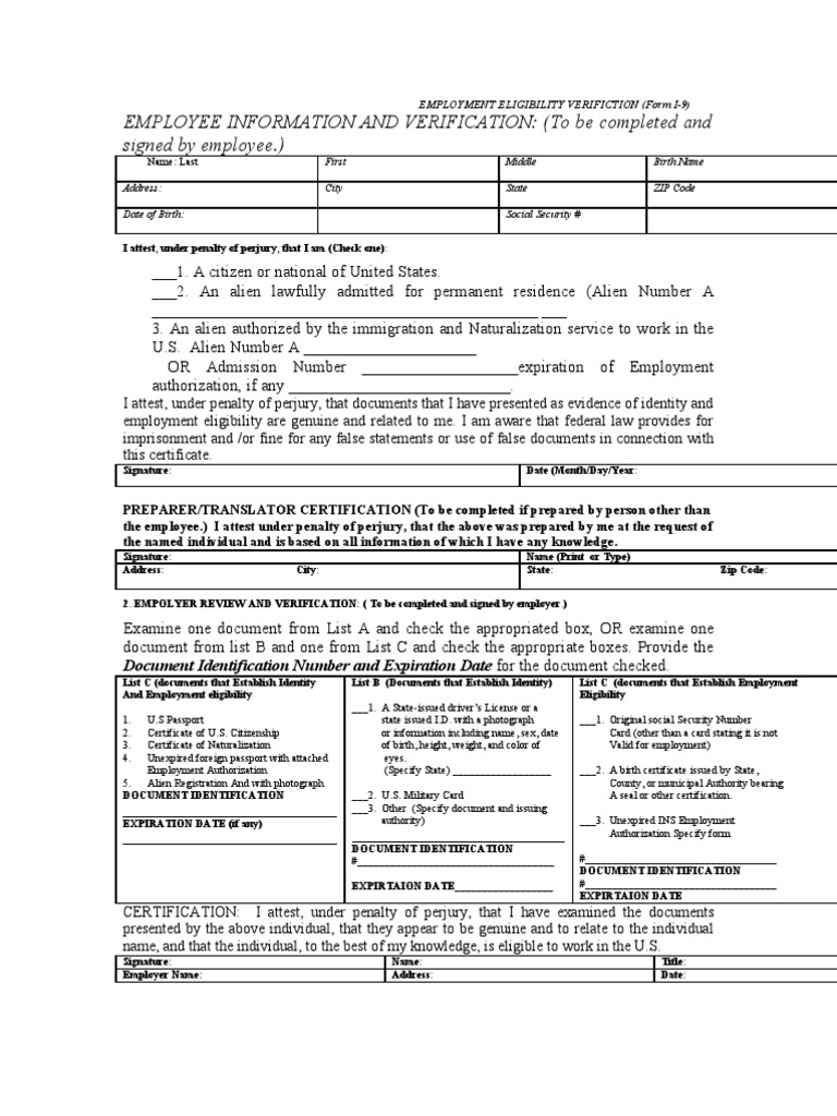 Employment Eligibility Verification Identity Document Government