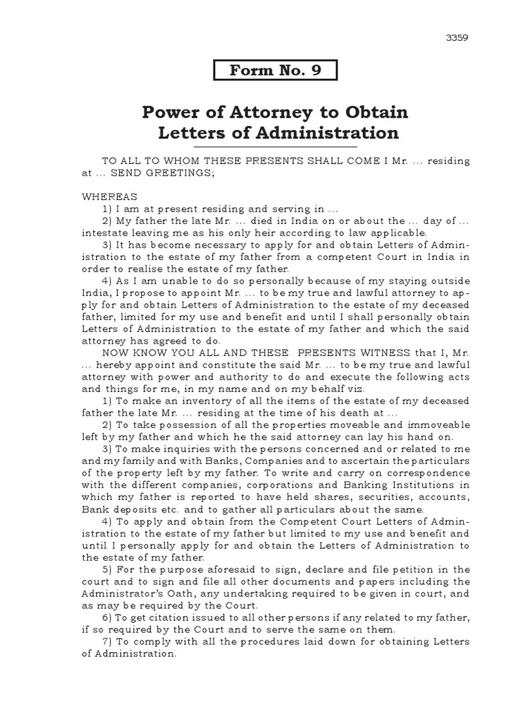 Power of Attorney To Obtain Letters of Administration: Form No. 9 | PDF ...