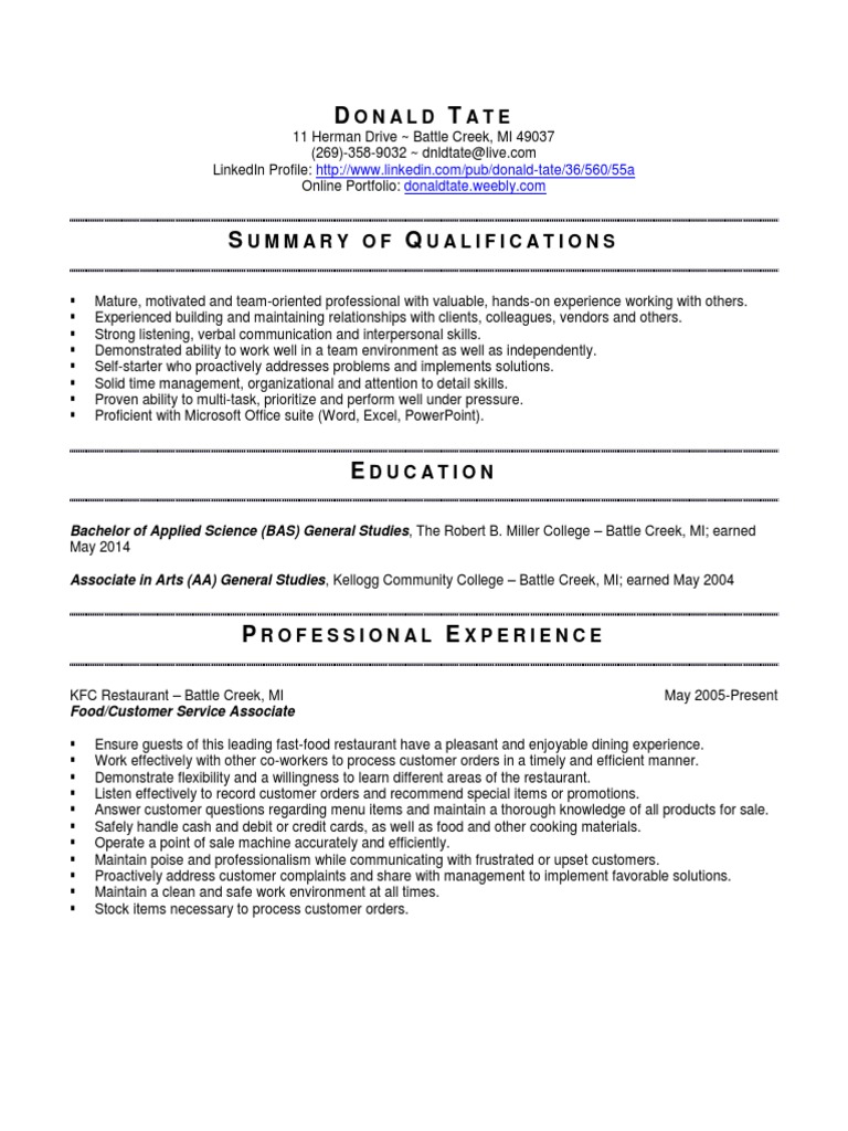 Donald Tate - Customer Service Resume | PDF | Business | Wellness