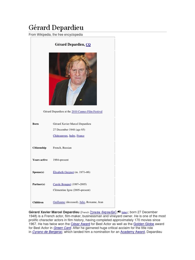A Biography of Renowned French Actor Gérard Depardieu | PDF