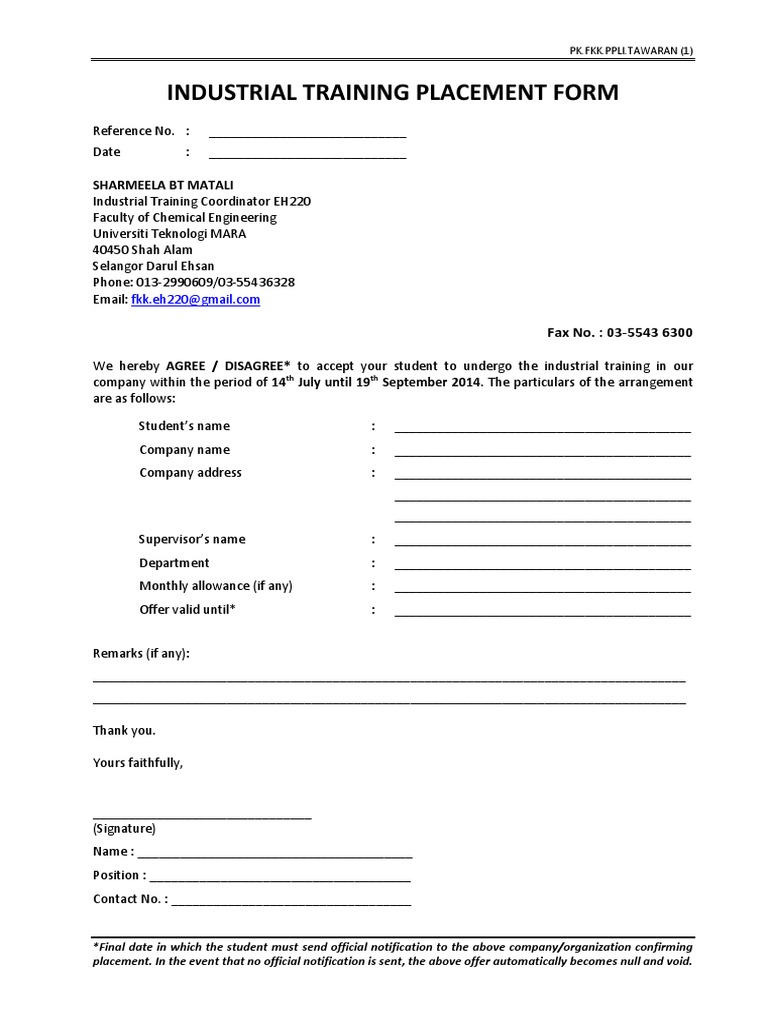 Industrial Training Placement Form: Sharmeela BT Matali | PDF | Business