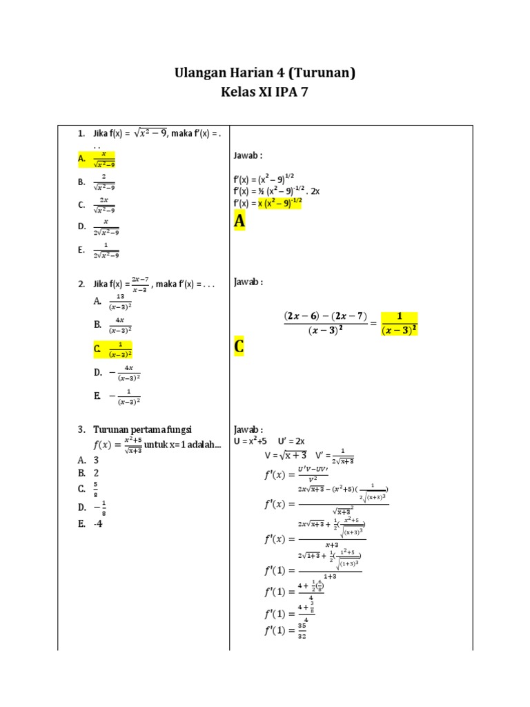 Latihan Matematika Turunan Soal Dan Pembahasan