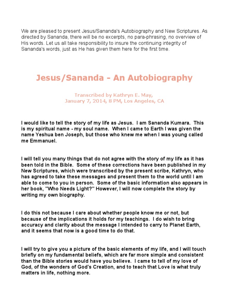 Jesus Sananda An Autobiography Faith Healing Human - 
