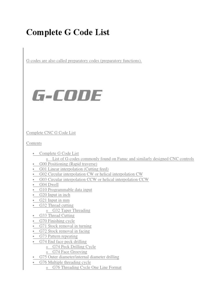 Complete G Code List Numerical Control Drilling