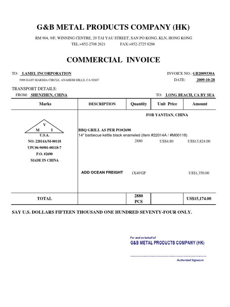 G&B Metal Products Invoice & Packing List | PDF | Barbecue | Cooking ...