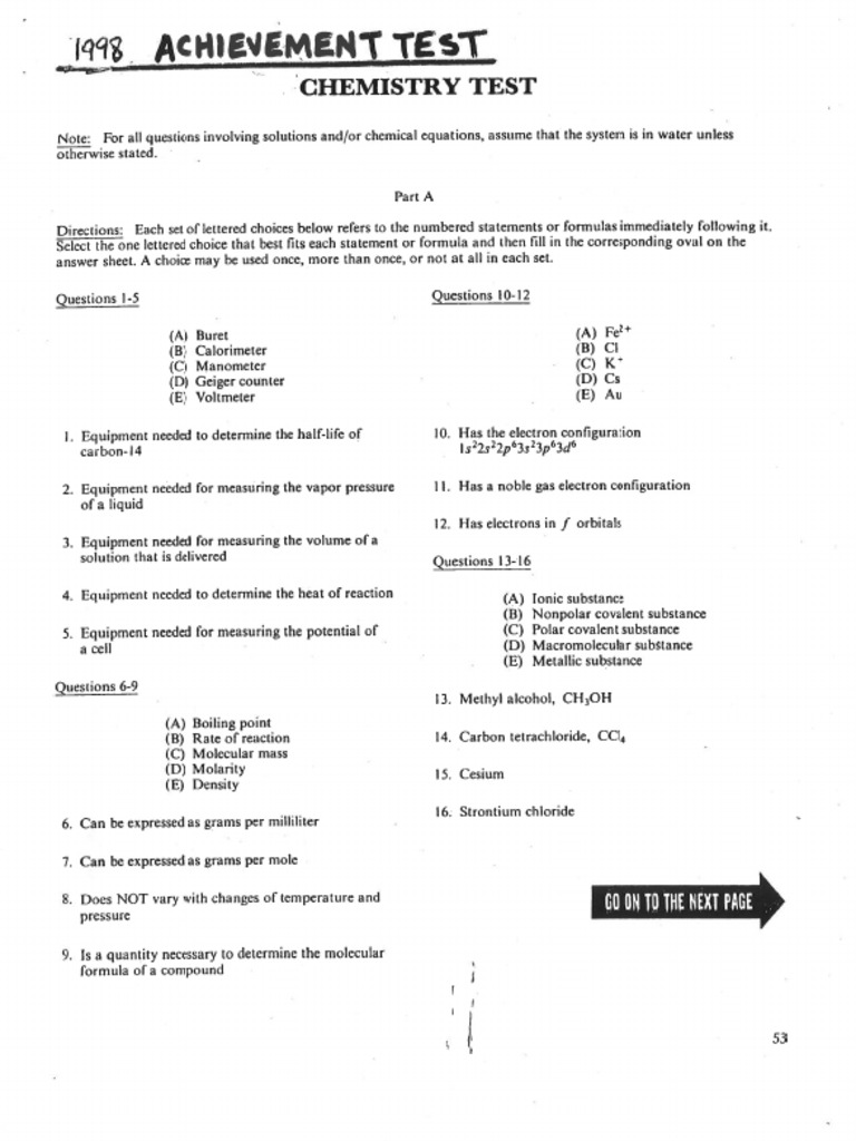 1998 Chemistry SAT Subject Test