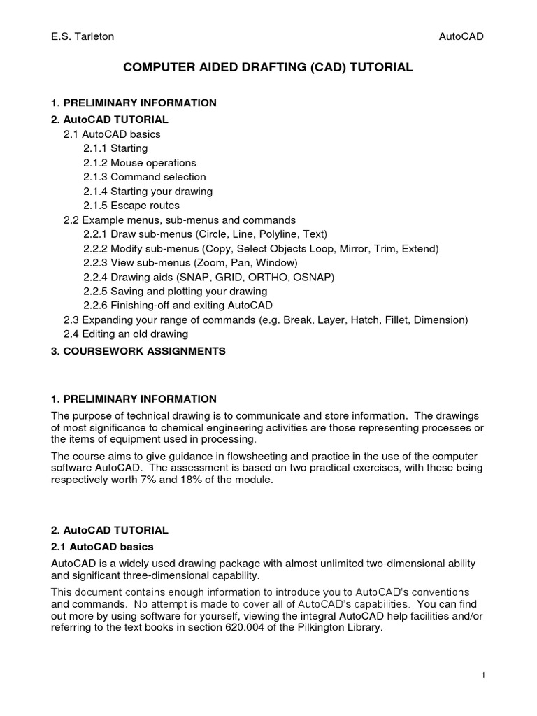 Computer Aided Drafting (Cad) Tutorial: 1. Preliminary Information 2.  Autocad Tutorial | PDF | Technical Drawing | Computer Aided Design
