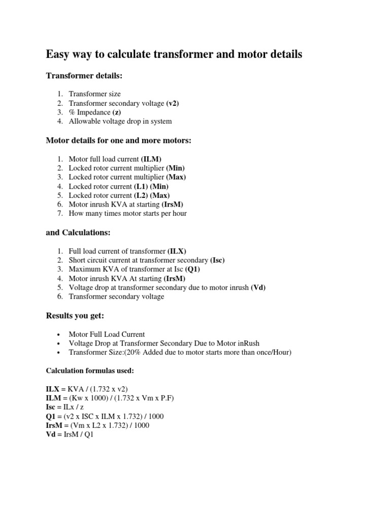 Transformer and Motor Calculation Guide | PDF