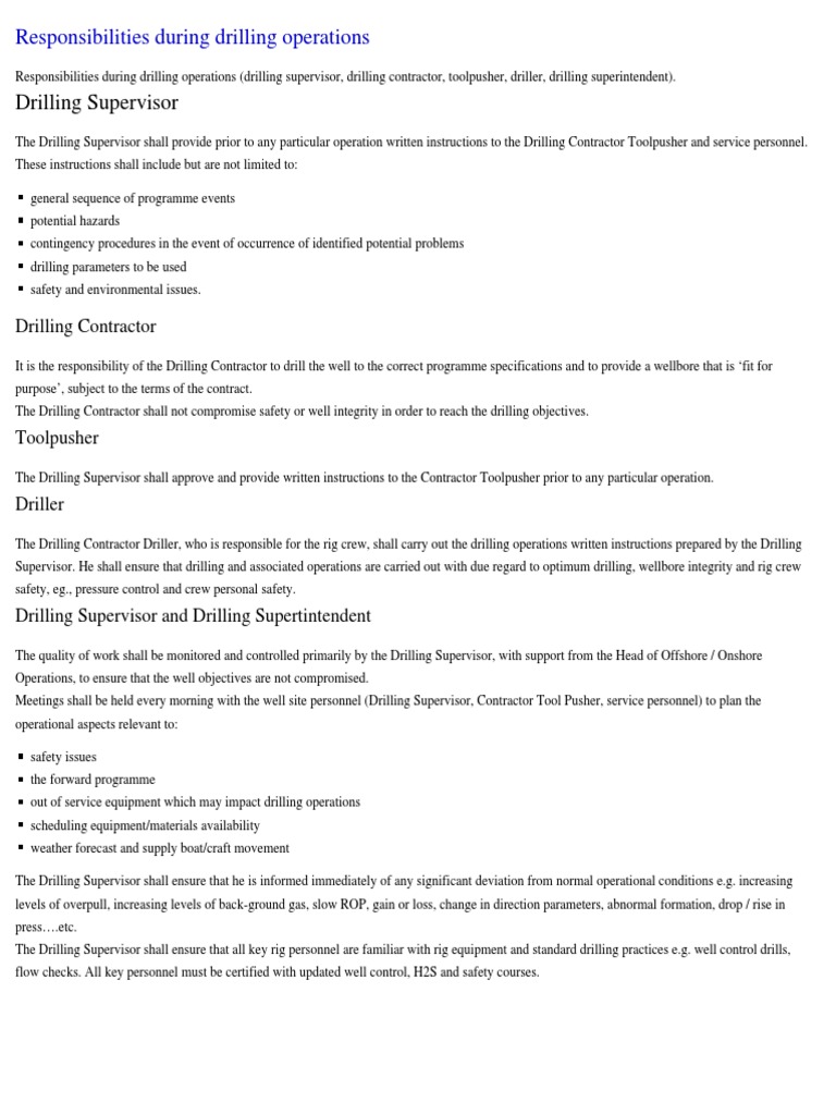 Responsibilities During Drilling Operations Drilling Rig General