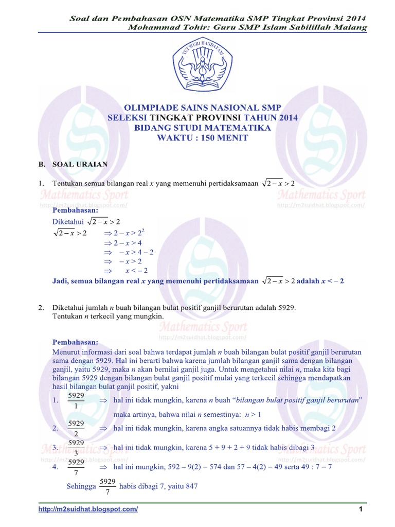 Soal Dan Pembahasan Osn Matematika Smp Tingkat Provinsi 2014