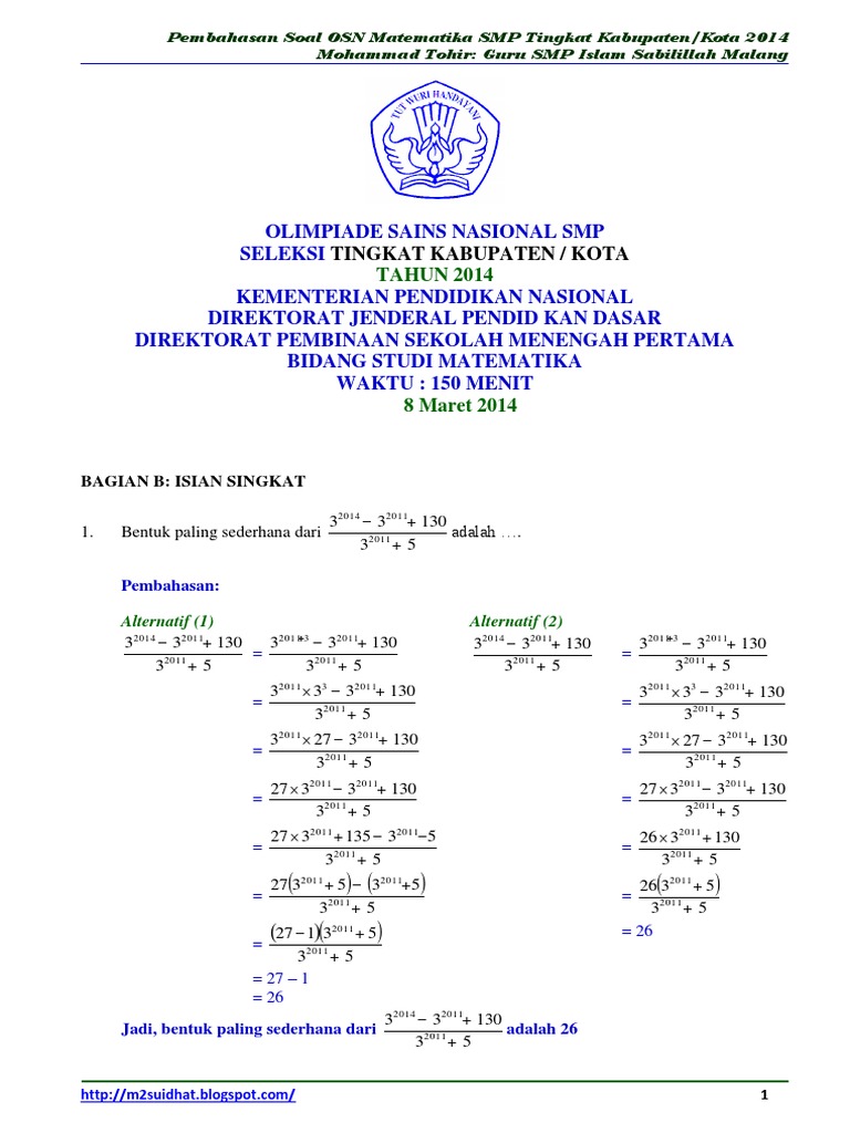 Soal Dan Pembahasan Osn Matematika Smp Tingkat Kota 2014 Bagian B Rev
