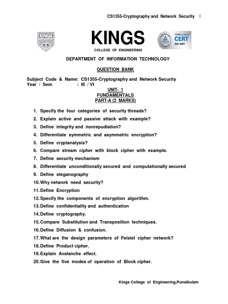 CS1355 Network Security Question Bank | PDF | Cipher | Key (Cryptography)