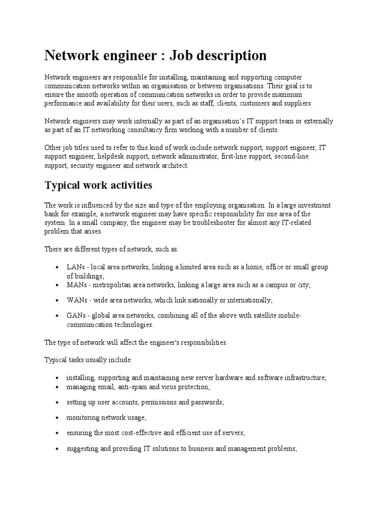 Network Engineer Technical Support Computer Network