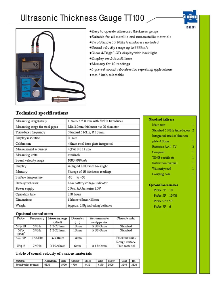 Ultrasonic Thickness Gauge TT100 Technical Specifications PDF