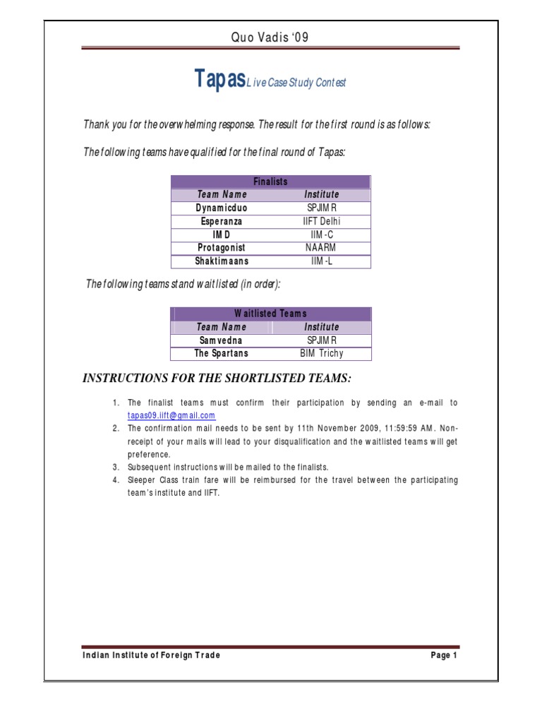 Tapas Live Case Study Contest Finalists | PDF
