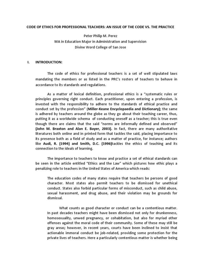 The Code Of Ethics For Professional Teachers Activities And Assessments