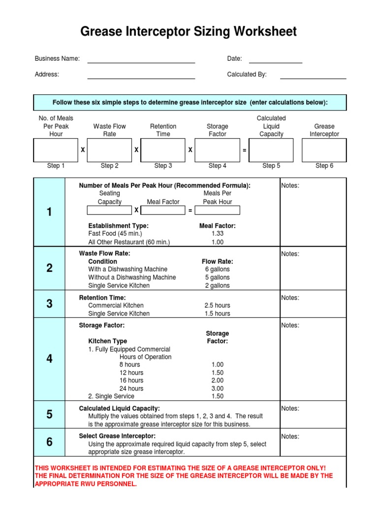 Grease Interceptor Sizing Worksheet PDF Foods Nature