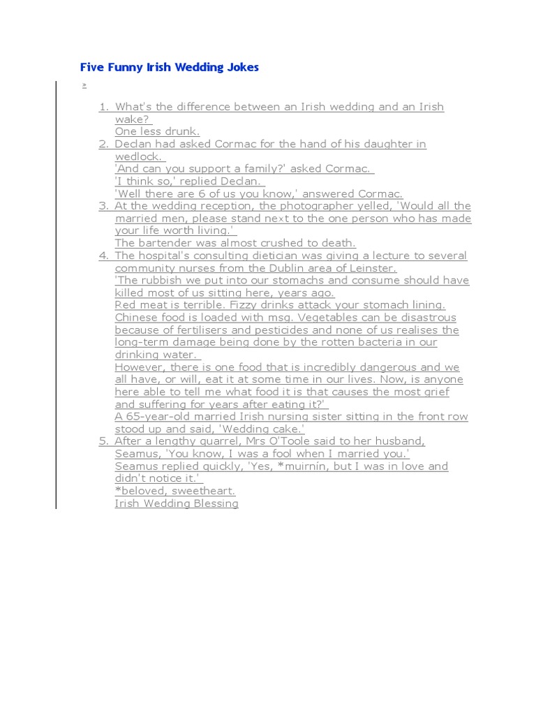 Five Funny Irish Wedding Jokes PDF Wedding Foods