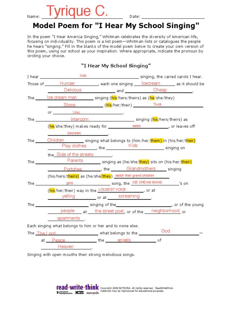I Hear My School Singing: A Model Poem | PDF | Poetry
