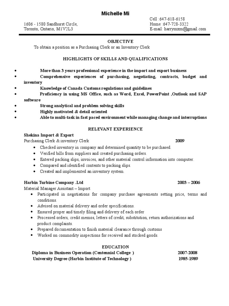 Resume - Purchasing Clerk and Inventory Clerk | Invoice | Inventory