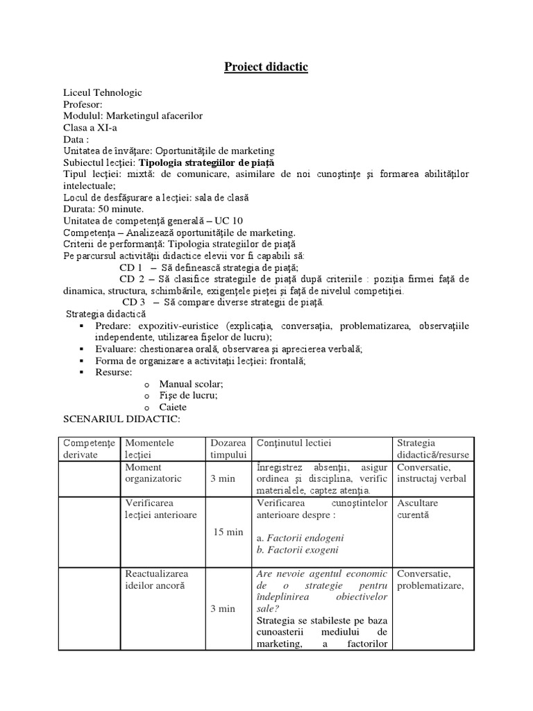 Proiect Lectie Strategii Piata