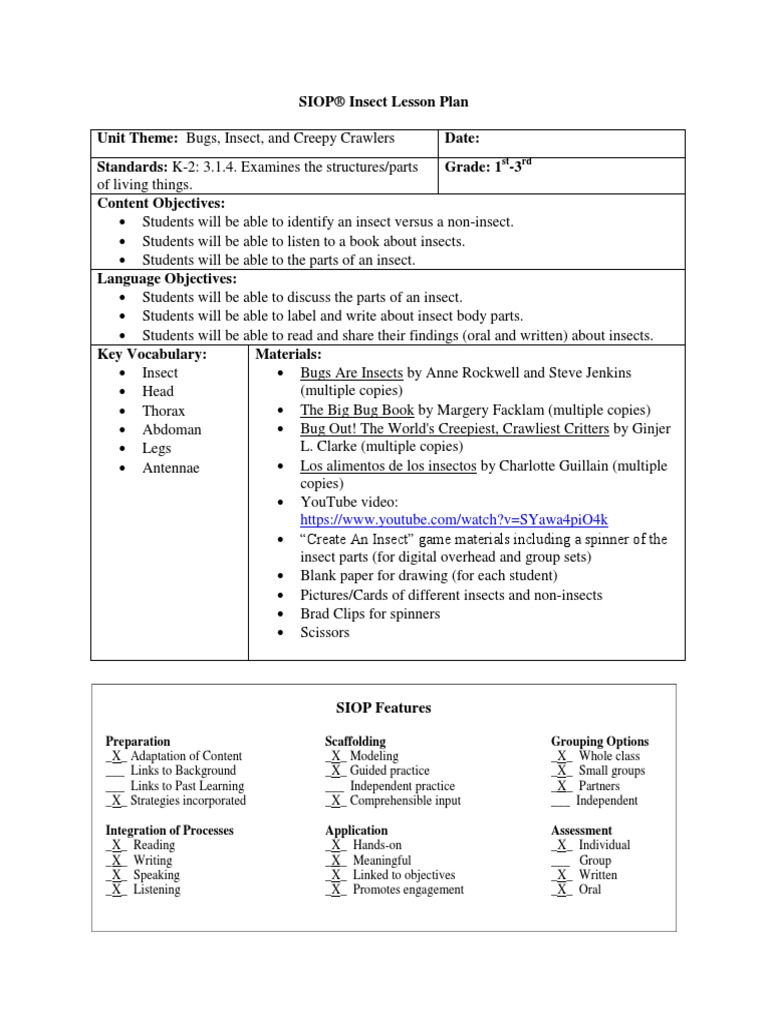 siop insect lesson plan a | Insects | Lesson Plan