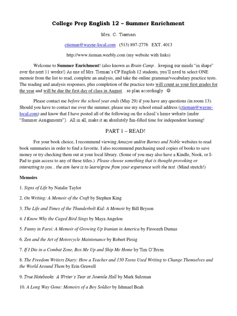 College Prep English 12 Summer Tasks | PDF | Sat | Reading (Process)