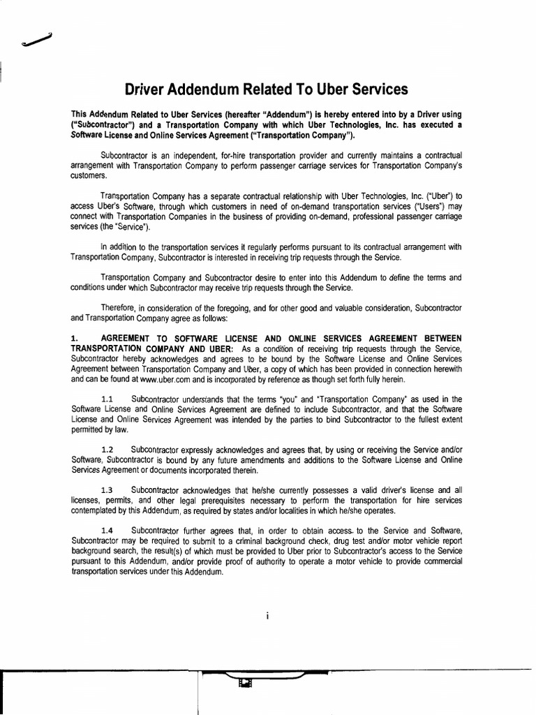 Driver Addendum PDF Uber Indemnity