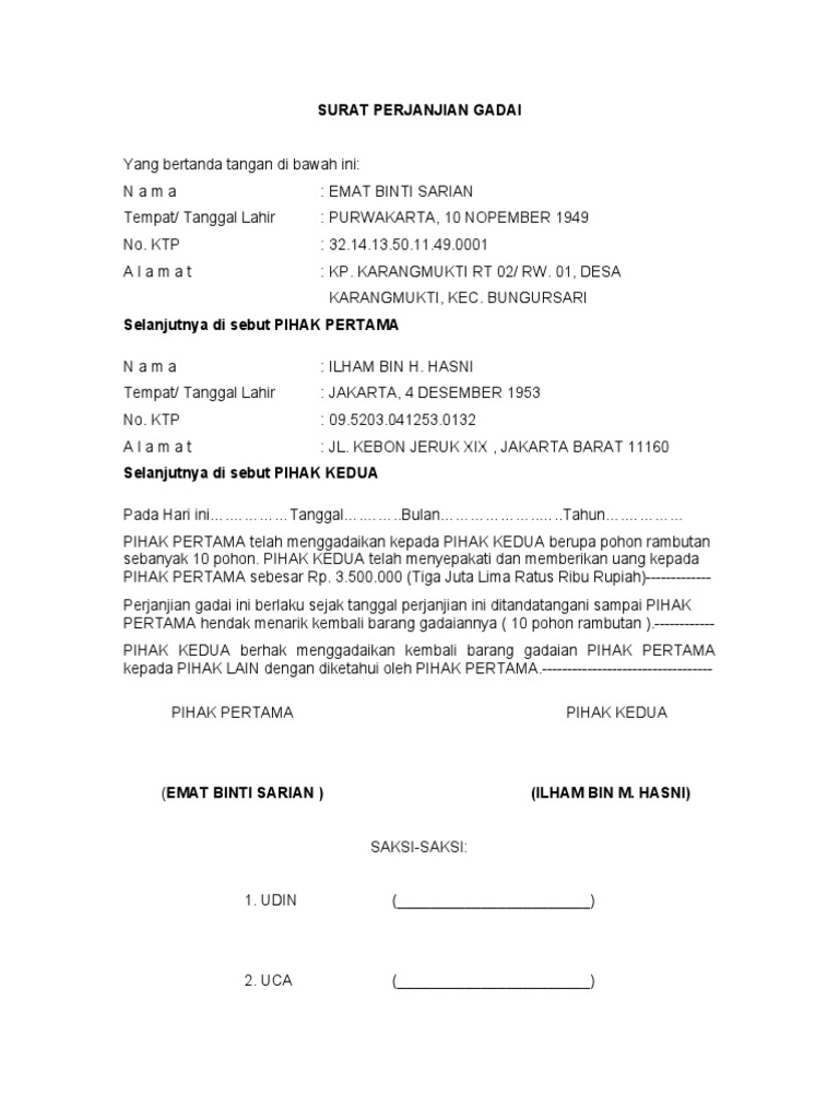 Pembayaran Bunga Surat Perjanjian Gadai Mobil