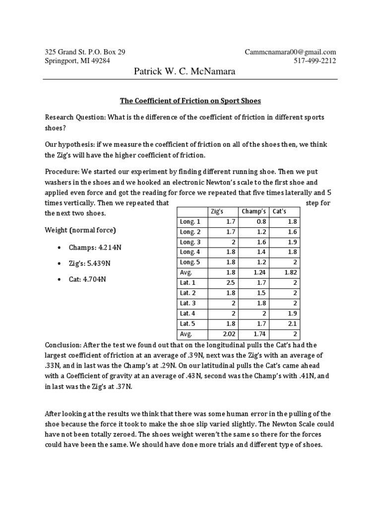 Coefficient of Friction in Sports Shoes | PDF | Teaching Methods ...