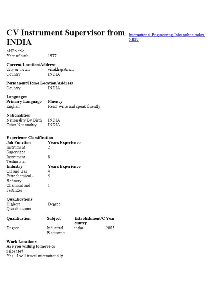 resume Resume Instrument Technician instrument cv instrumentation oil refinery