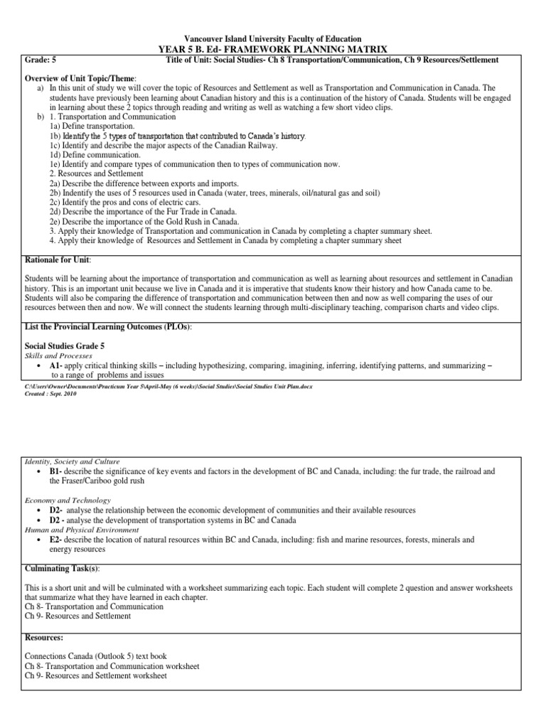 Social Studies Unit Plan Canada Resource
