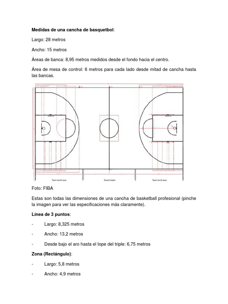 Medidas de Una Cancha de Basketball | PDF | Posiciones de baloncesto |  Circulo