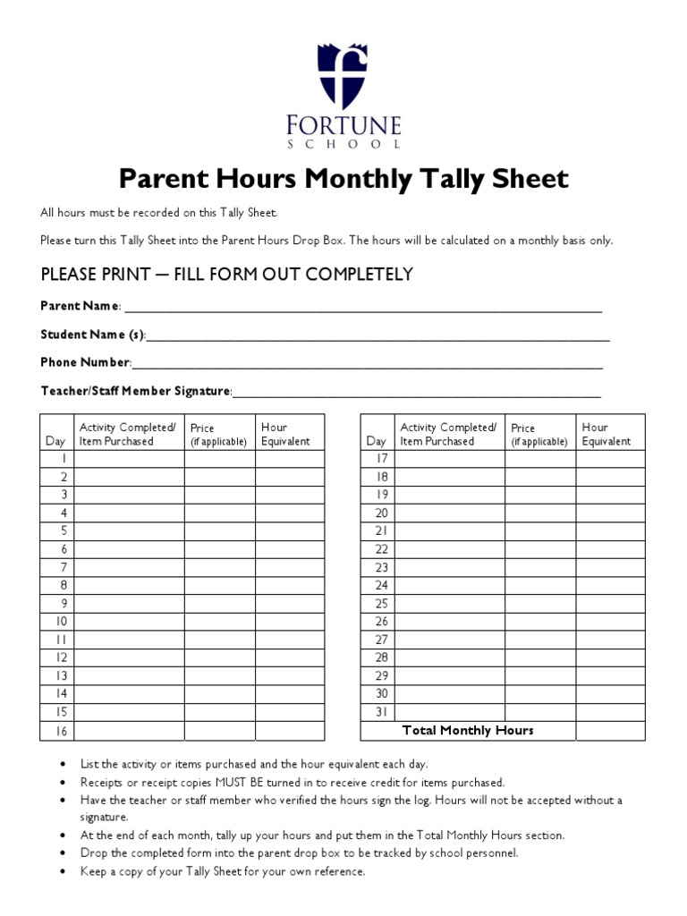 Parent Hours Monthly Tally Sheet