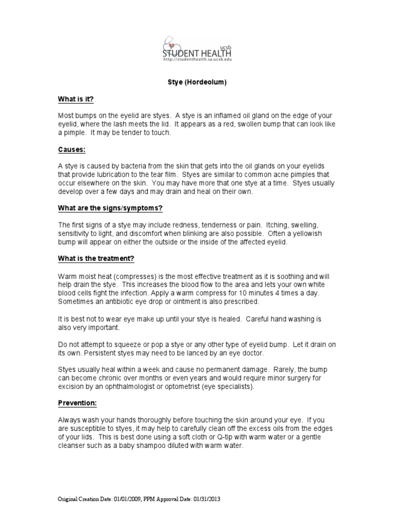 Stye (Hordeolum) Handout (1705 - 0) | PDF | Ophthalmology | Rtt