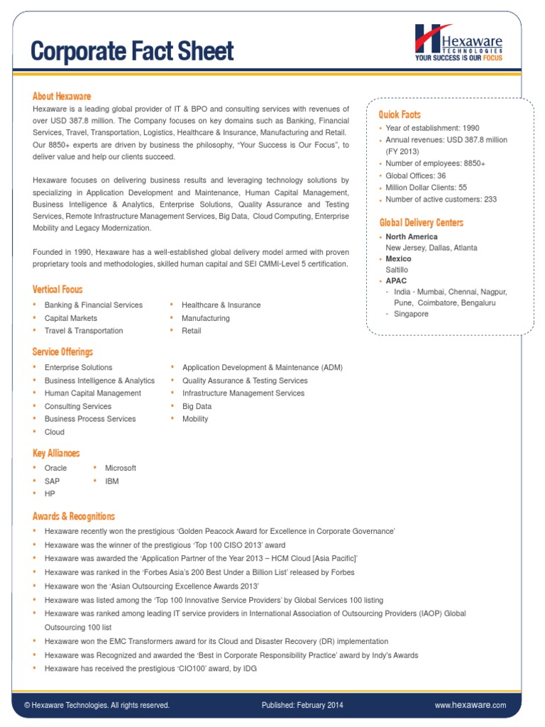 Hexaware Factsheet Q4 2013 | PDF | Information Technology | Business