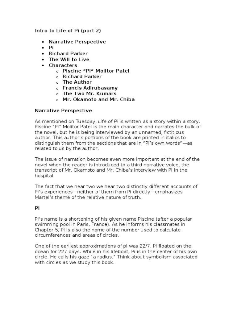 Intro To Life Of Pi Lecture Part 2 Pdf