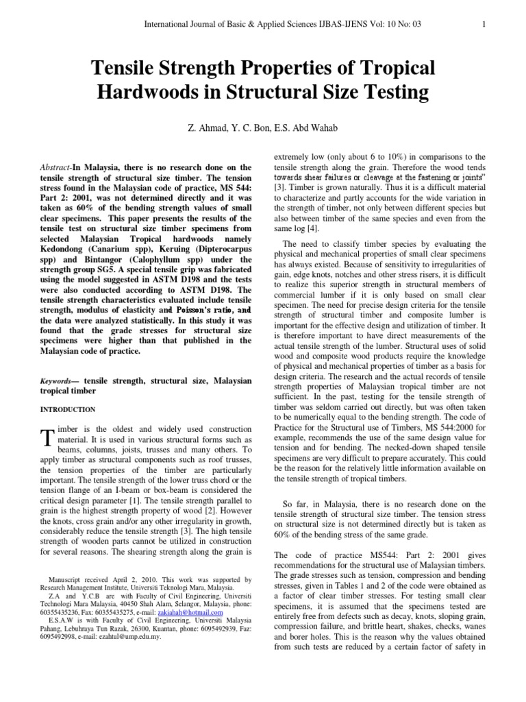 Malaysian Timber Tensile Study | PDF | Lumber | Strength Of Materials