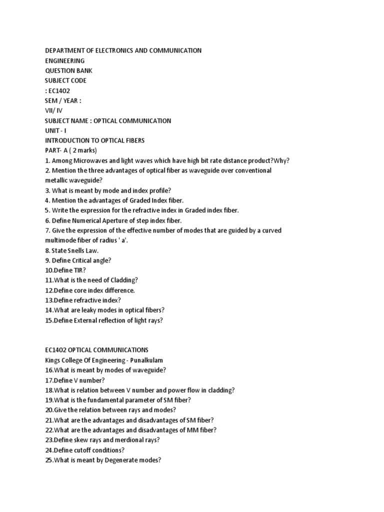 Optical Communication Question Bank | PDF | Optical Fiber | Dispersion ...