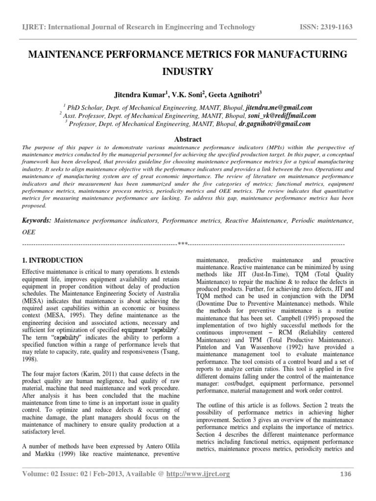 Maintenance Performance Metrics For Manufacturing Industry Pdf
