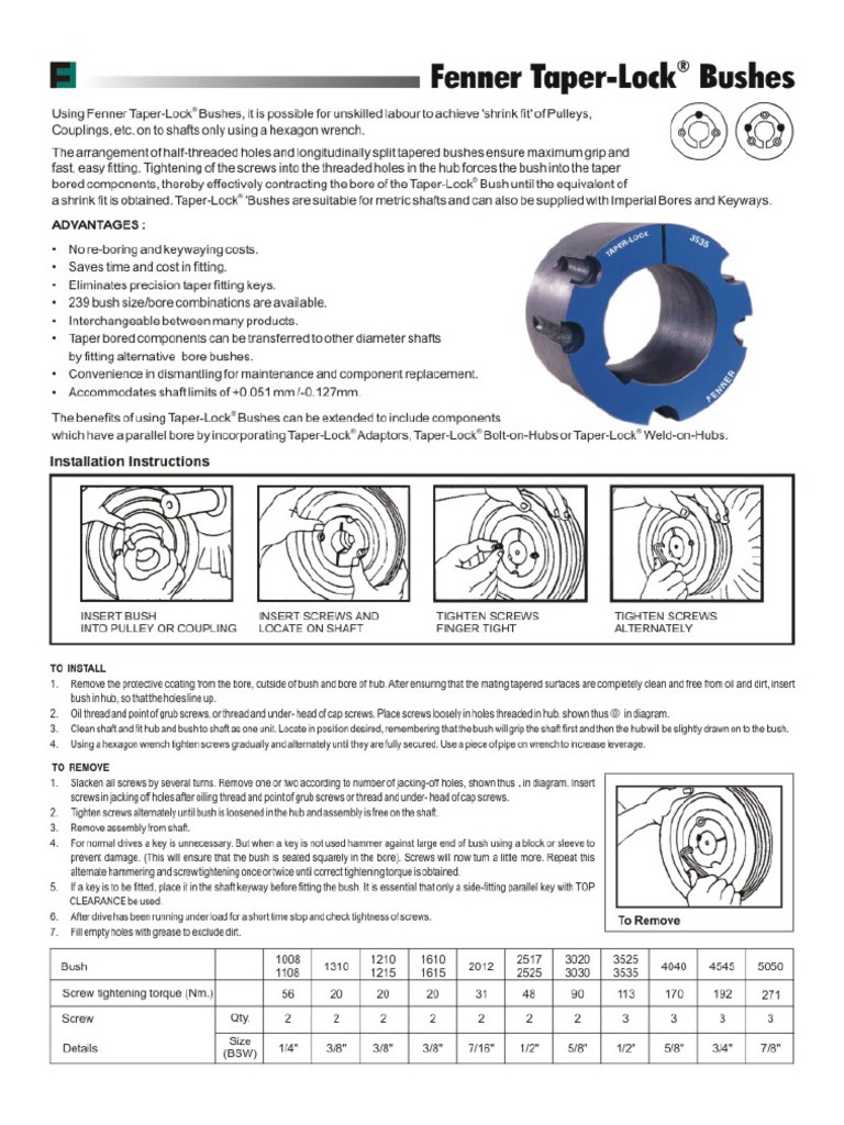 Fenner Taper Lock Bush Catalogue